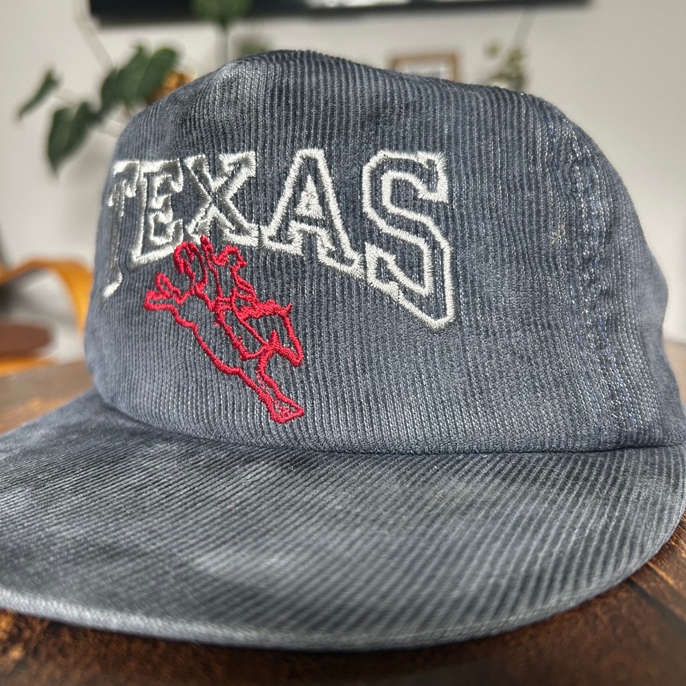 Vintage Texas Corduroy Snapback Hat Navy Blue Rodeo Bronco Made in USA Cap
